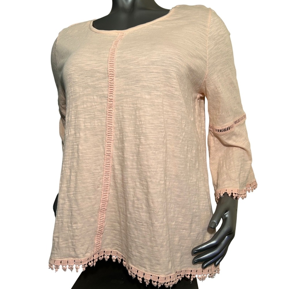 Style & Co Peach Pink Cotton 3/4 Bell Sleeve Top Pom Pom Trim Petite Large